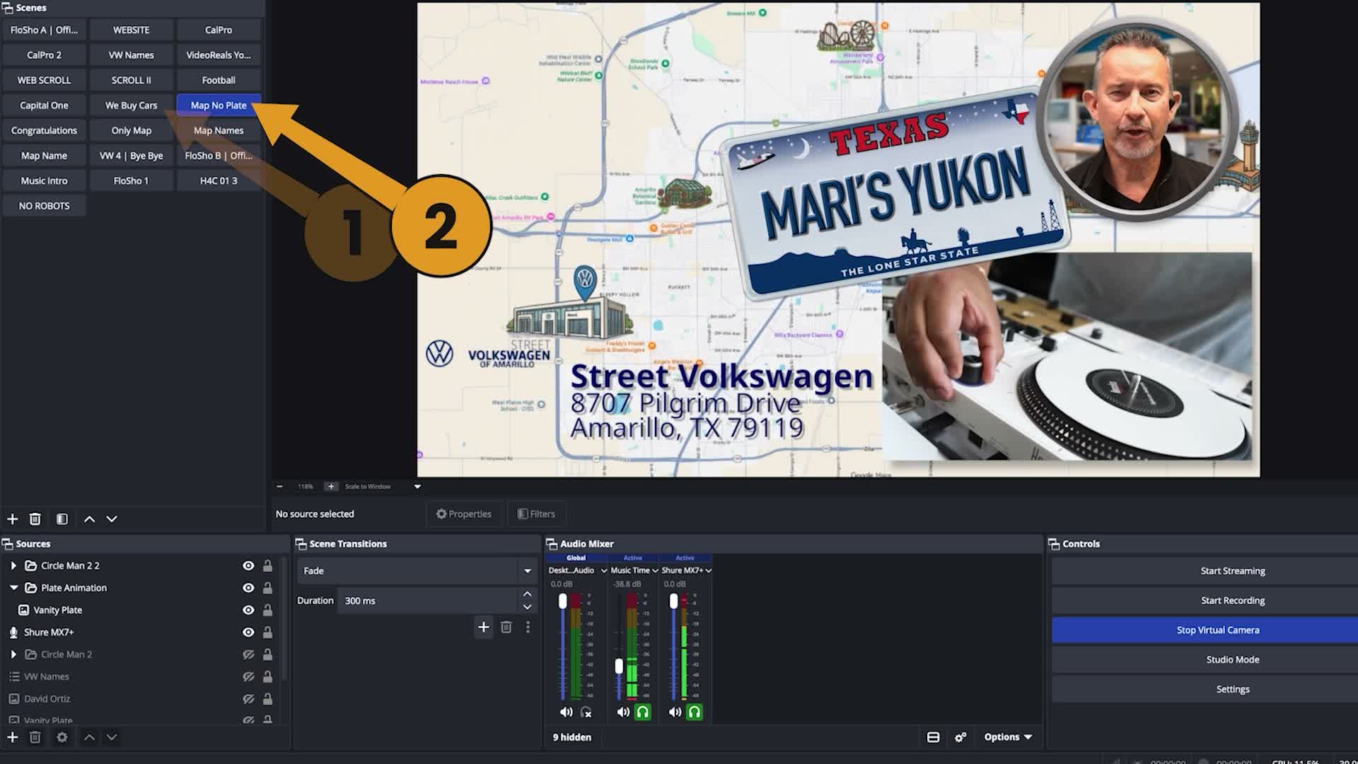 Video frame: the OBS window mid-recording, with numbered arrows marking button presses in the scene list and a live scene showing a street map, a vanity license plate, the store's address, and the rep in a circle camera.