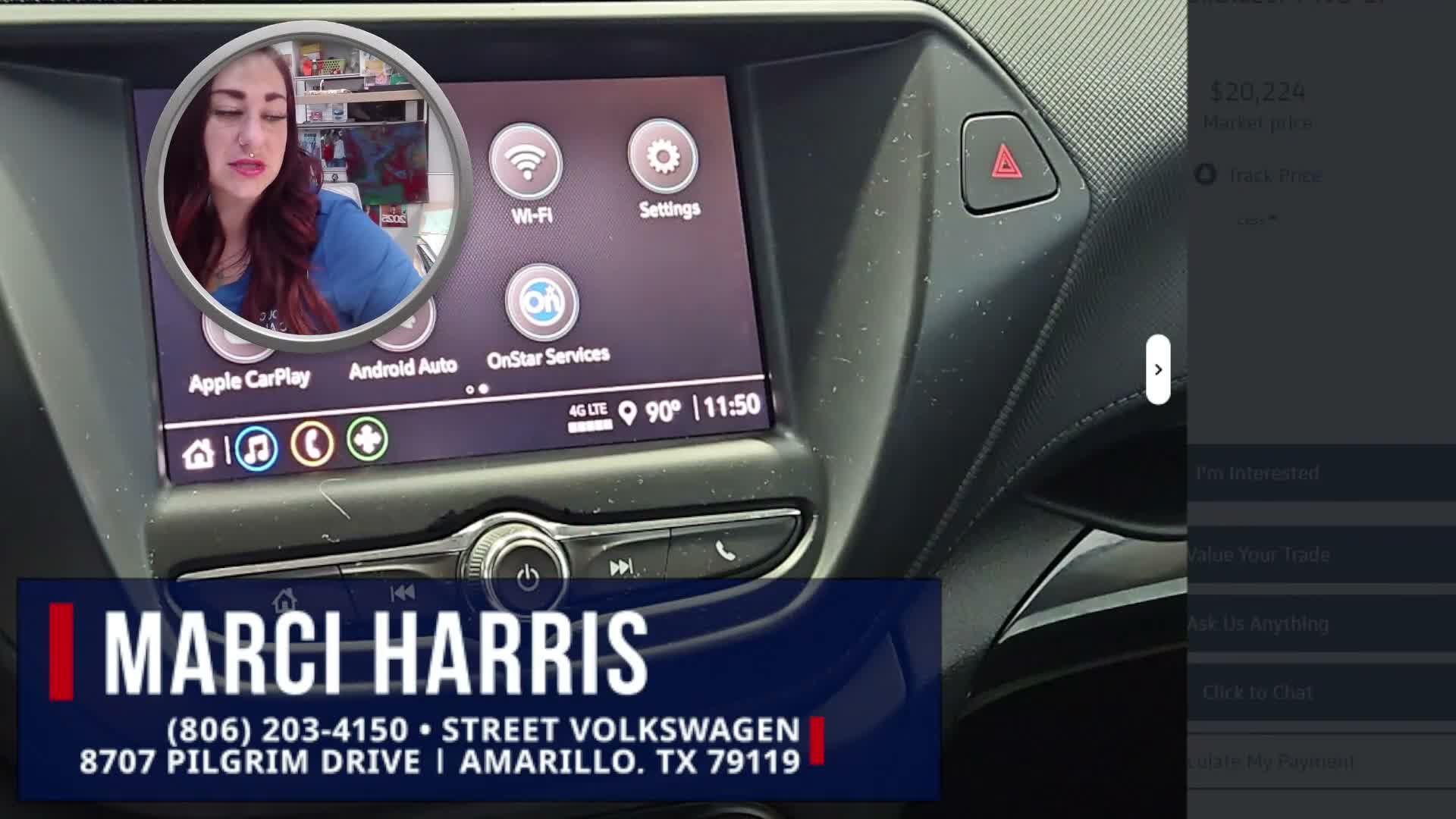 Video frame: a vehicle's touchscreen with the rep in a circle camera and a TV-style name banner across the bottom.